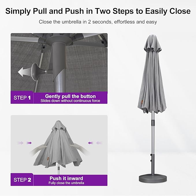 PURPLE LEAF 11.5 FT Semi-Auto Outdoor Patio Umbrella Market Table Sun Umbrellas with 8 Aluminum Sturdy Ribs for Backyard Deck Garden Pool (Silver Pole Gray Canopy)
