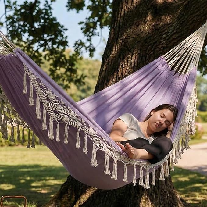 Double Boho Macrame Hammock with Elegant Tassels for Patio, Yard, Beach Wedding Decor, Outdoor and Indoor Up to 450lbs Include Tie Ropes and Drawstring Bag （ Light Purple）