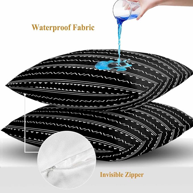 Black Boho Outdoor Waterproof Throw Pillow Covers Set of 2, 26"x26", Geometric Stripes Triangle Decorative Pillow Covers Outside Cushion Case for Patio Porch Garden