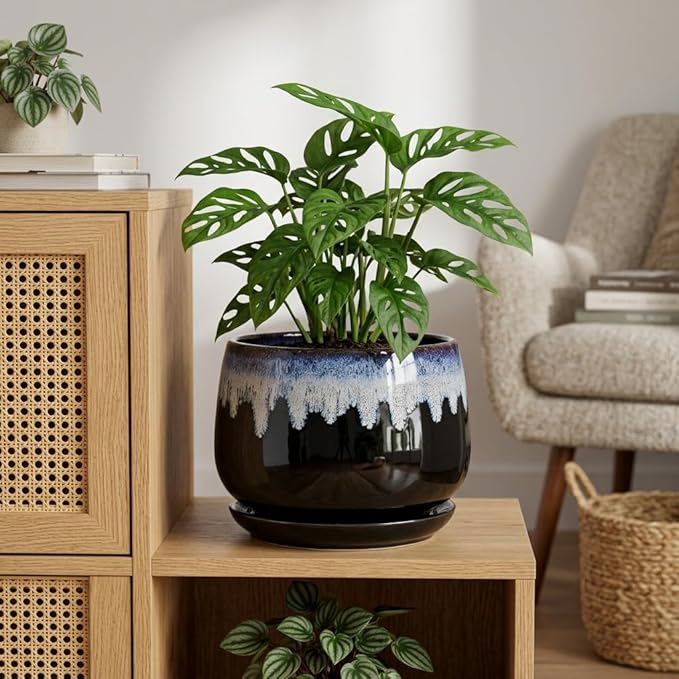 Ceramic Plant Pots - 9 Inch Flower Pots for Indoor Plants, Decorative Pots for Plants with Drainage and Saucer, Large Planter, House Office Decor, Gardening Gifts for Women, Black-Blue