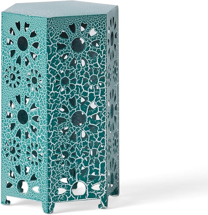 12" Teal Outdoor Side Table, Metal Cutout Side Table, Patio Garden Stool | Coffee End Tables for Small Spaces, Living Room, Backyard, Poolside