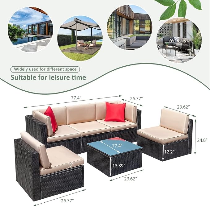 6-Piece Outdoor Patio Furniture Set with Manual Weaving Rattan Sectional Sofa, Glass Coffee Table, Cushions Included, Wicker Patio Conversation Set for Garden, Backyard, Porch Lounge Areas(Red)