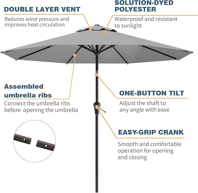 10FT Patio Umbrella, Outdoor Umbrella with Push Button Tilt and Crank, 8 Sturdy Ribs, UV Protection & Waterproof Market Umbrella for Pool, Backyard, Beach,Deck (Light Gray)