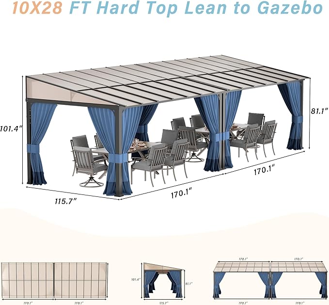 10' x 28' Lean to Gazebo,Large Wall Mount Heavy Duty Gazebos Pavilion,Outdoor Hardtop Pergola Shelter with Curtains and Netting,Sunshade for Patio Garden Lawn Backyard Deck,Navy Blue