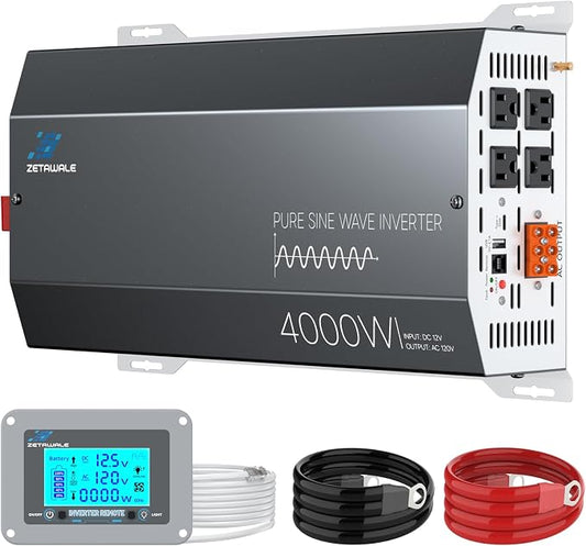 4000W Pure Sine Wave Inverter 12V DC to 110V/120V AC Converter, 8000W Peak, LCD Remote Control, 4 AC Outlets, USB & Type-C – Heavy Duty for RV, Truck, Off-Grid Solar, Home Emergency Power