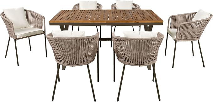 VilroCaz 7 Pieces Patio Dining Set, All-Weather Outdoor Conversation Set Gathering Set with Acacia Wood Tabletop and Metal Frame, Dining Table and Chairs for Garden Backyard Balcony (Beige Rope)