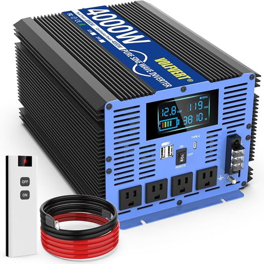 4000W Pure Sine Wave Power Inverters DC 12V to AC 110V 120V with Type-C 4 AC Outlets Dual USB Ports Terminal Blocks LCD Display Wireless Remote Controller for Home RV Solar System Car