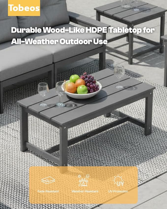 HDPE 3 Piece Patio Furniture Set, All-Weather Outdoor Couch Bistro Set with Thick Cushions & Side Table, Patio Conversation Sets for Lawn, Porch, Garden, Balcony, Deck, Poolside, Grey & Grey