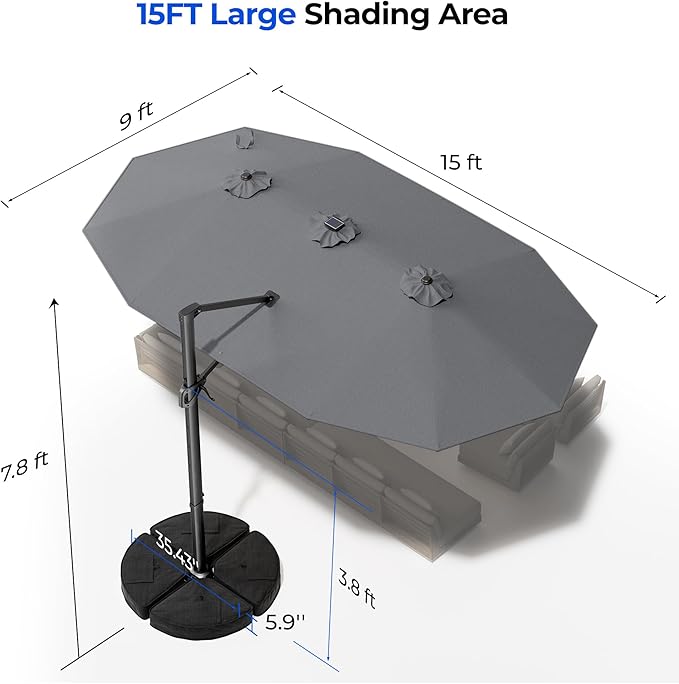 HOMSHADE 15FT Cantilever Double-Sided Umbrella with Solar Light and Base, Rectangle Oversized Offset Patio Umbrellas, Extra Large Outdoor Umbrella for Pool, Deck, Garden, Market (Dark Gray)
