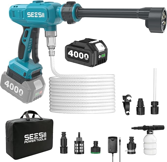 SEESII Cordless Portable Washer, Electric Power Washer with 4000mAh Battery, Lightweight Washer Gun with 6-in-1 Nozzle & 27FT Hose, Handheld Power Cleaner for Car, Driveway, Garden, Patio & Fence