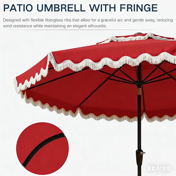 9FT Patio Umbrella with Fringe,Tassel Umbrella with Push-Button Tilt | UPF 50+ & Rust-Resistant Fiberglass Frame for Patio, Pool,Garden,Yard(Red)