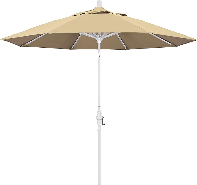 California Umbrella 9' Round Aluminum Market Umbrella, Crank Lift, Collar Tilt, White Pole, Pacifica Pacific Blue