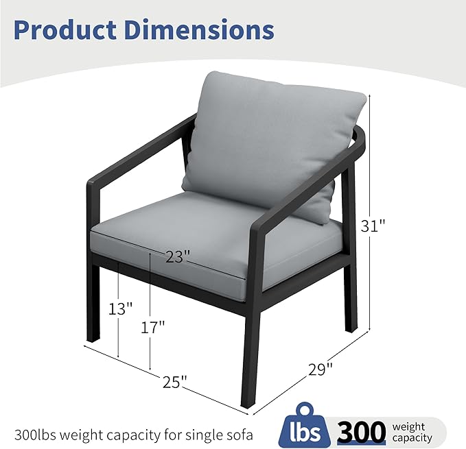 Patio Conversation Sets Outdoor Armchair, 2 Piece Aluminum Patio Sofa Chairs with Washable Thick Cushions, Modern All-Weather Patio Furniture Sets for Garden, Backyard, Porch (Brlack+Grey)