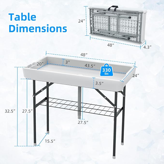 Folding Ice Cooler Table, Skirt &Drain Hose Plastic Chill Table to Keep Drinks Cool, Portable Foldable Self-Serving Beverage Cooling Bar for Parties, Picnics, Barbecues, Fishing(White