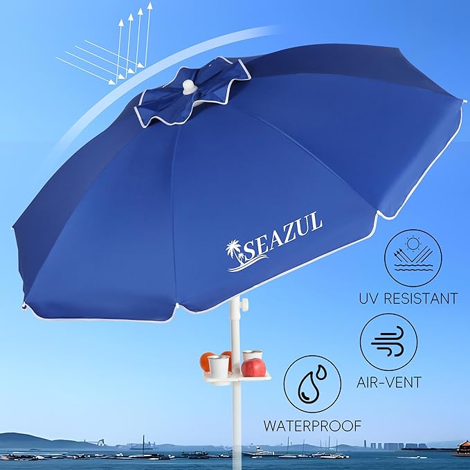 Seazul 6.5ft Sun Shade Umbrella, Portable Umbrella with Stand for Sports, Water Weight Bag, Adjustable and Lightweight, Sun Protection, Royal Blue