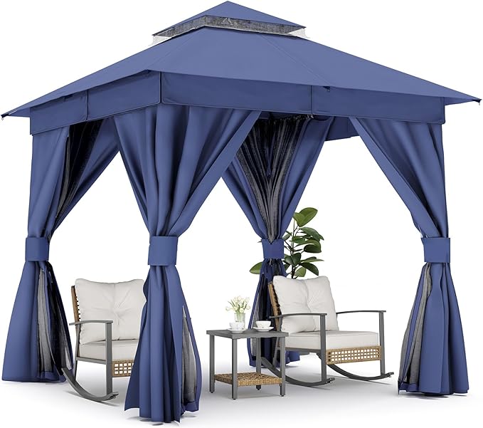 LAUSAINT HOME 8'x8' Outdoor Gazebo, Metal Frame Heavy Duty Patio Canopy Tent Shelter with Double Roofs, Mosquito Nettings and Privacy Screens for Backyard, Garden, Lawn, Navy Blue