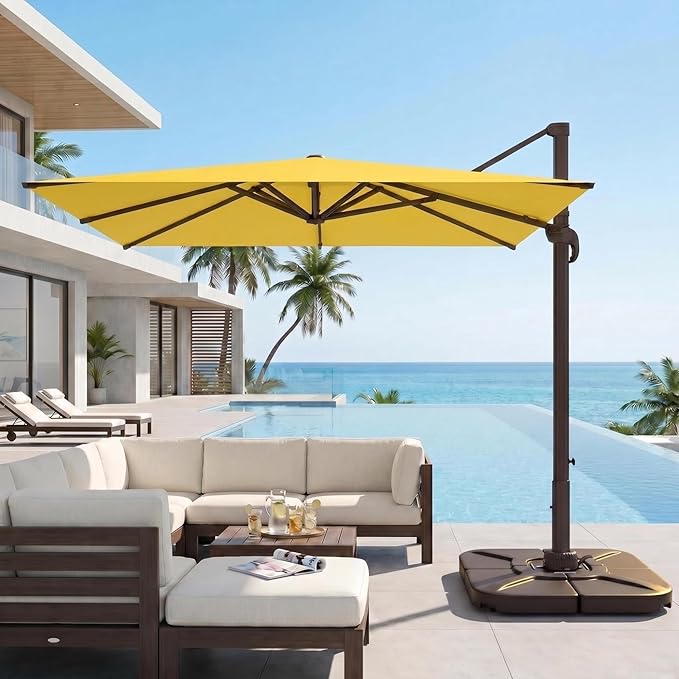 Kingdura 9' X 9' Cantilever Patio Umbrella with Base Included, Large Square Outdoor Offset Umbrella with 360-degree Rotation, 4 Position Tilt, UV Protection for Pool Deck Garden Patio (Yellow)