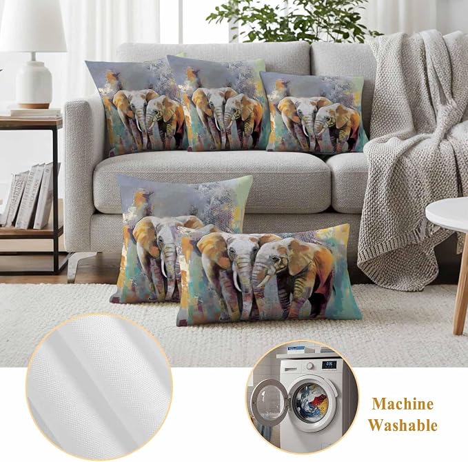 Elephants Outdoor Pillow Covers 20"x12" Set of 2, Animal Abstract Splatters Bohemian Waterproof Throw Pillow Covers for Patio Furniture, Decorative Cushion Covers for Porch