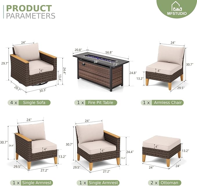 MFSTUDIO 10 Piece Wicker Patio Furniture Sets with 56" Fire Pit Table, 4 x Swivel Chair, 2 x Ottoman, 3-Seat Sofa, All-Weather PE Rattan Patio Conversation Set Outdoor Sectional Sofa for Garden, Beige