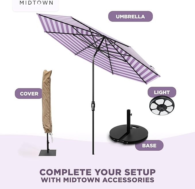 Midtown Umbrellas – The Swilt 10 Ft Patio Umbrellas with 360° Swivel & Tilt Mechanism, Fiberglass Ribs & Terylast Polyester Fabric for Backyard, Deck, Pool & Cafes - Midtown Stripes Canopy, Black Pole