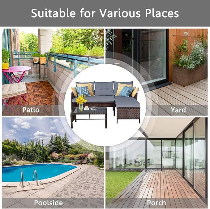 DORTALA 3 Piece Wicker Patio Furniture Set, PE Rattan Outdoor Sectional Sofa Conversation Set with Loveseat, Lounge and Tempered Glass Coffee Table for Garden Lawn Deck (Grey)