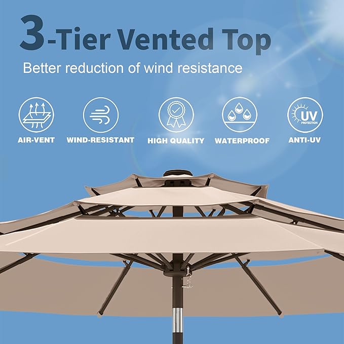 PatioKingdom 9ft 3-Tier Patio Market Umbrella with Crank/Tilt, Commercial Heavy Duty Wind Proof,Outdoor Table Umbrella with 8 Fiberglass Ribs,UPF50+ for Deck,Pool,Garden,Backyard (Beige)
