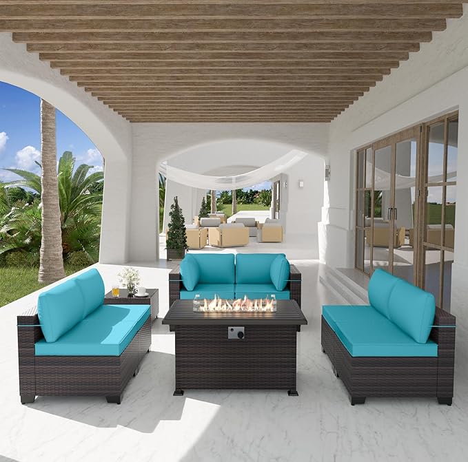 Patio Furniture Set with Fire Pit Table 8-Piece Outdoor Sectional Furniture Outdoor Rattan Patio Conversation Sets with 55,000 BTU Propane Gas Fire Pit Table and Glass Table, Blue