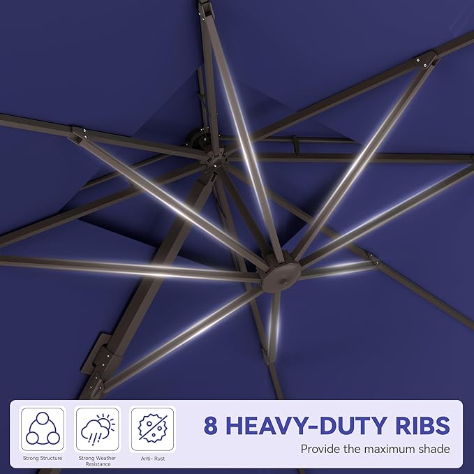GENTEACO 9x12FT Cantilever Patio Umbrella with Base Included, Double Top Rectangle Offset Umbrella 7 Angle Tilts & 360° Rotation, Large Heavy Duty Outdoor Sun Umbrella for Pool Market, Navy Blue