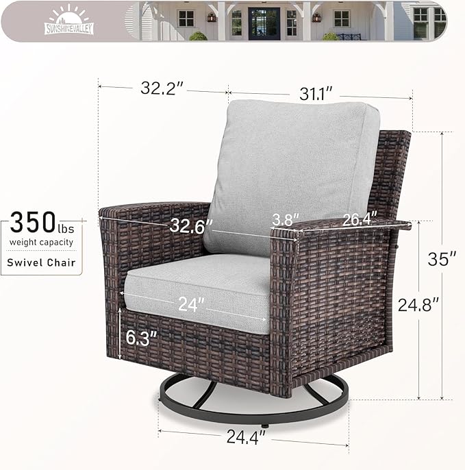 Patio Wicker Swivel Chairs Set of 2, Outdoor High Back Chairs with 5.5" Waterproof Cushions, Outdoor Furniture Set for Deck Porch and Yard, Light Grey