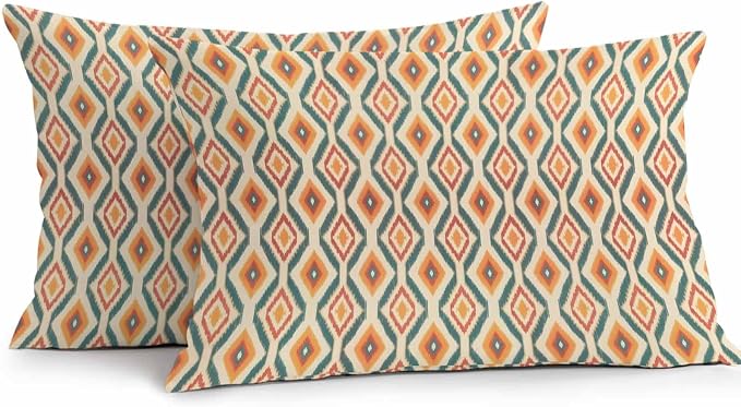 Lumbar Pillow Covers 20x12 Inch Set of 2, Orange Teal Geometric Waterproof Outdoor Pillow Covers, Southwest Ethnic Country Decorative Cushion Pillowcases for Couch, Sofa, Bed, Garden, Patio