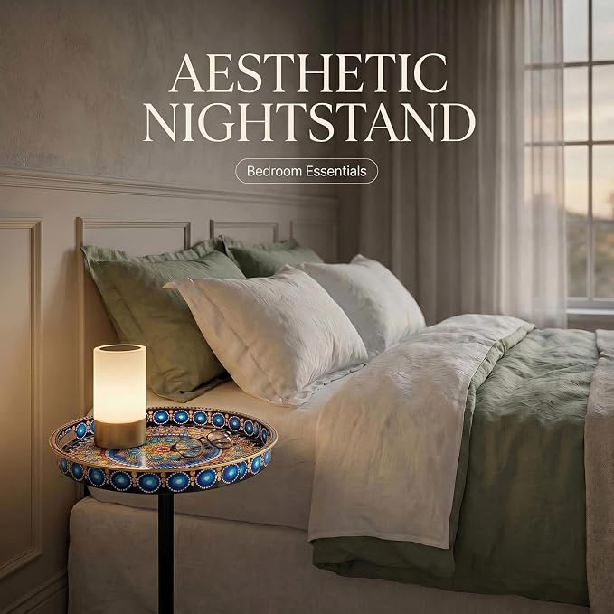 Gesodant Boho Single Leg Round Side Table with Tray Top, Pedestal Drink Table for Small Spaces, Aesthetic Accent Nightstand for Living Room, Bedroom, Corners, and Office (Peacock)