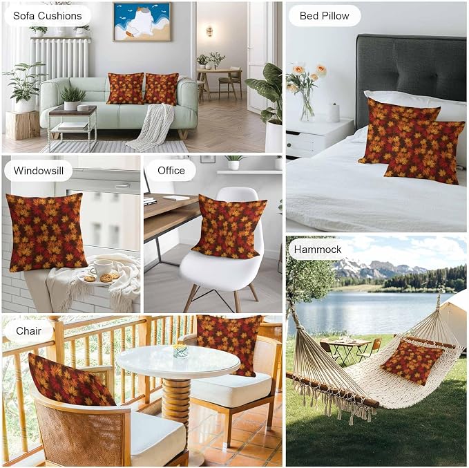 Brown Thanksgiving Outdoor Waterproof Pillow Covers, Fall Maple Leaves Farmhouse Vintage Decorative Square Throw Pillowcase Sofa Cushion Sham for Patio/Couch/Chair, 26"x26" 2 Pack
