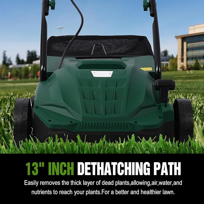 13 Inches Scarifier,2-in-1 Electric Dethatcher Scarifier with Removable Collection Bag,Lawn Scarifier with Adjustable System,Electric Lawn Dethatcher for Home Garden