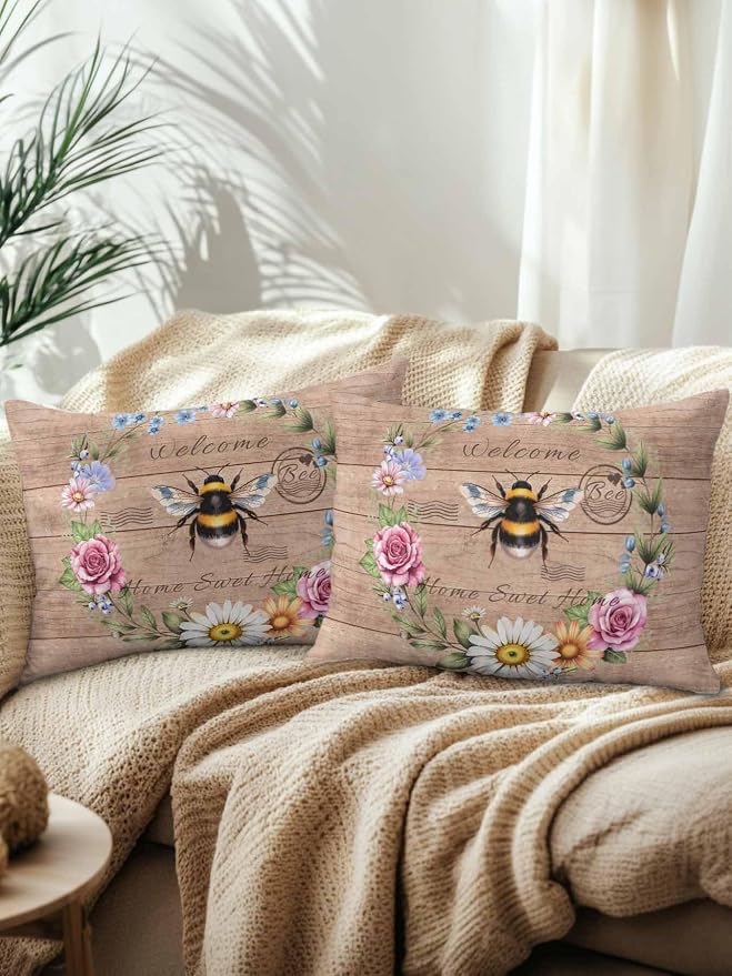 Outdoor Waterproof Throw Pillows Farmhouse Bee Flower Wreath Patio Pillows Pack of 2,Decorative Pillow Covers with Insert,Pillow Cushion Case for Garden Couch Sofa Farm Retro Wood Board