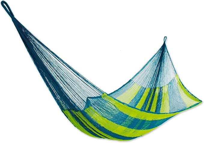 NOVICA Bright Yellow Turquoise Blue Striped Hand Woven Nylon Mayan 1 Person Rope Hammock with Hanging Accessories, 'Fluorescent Tropics' (Single)