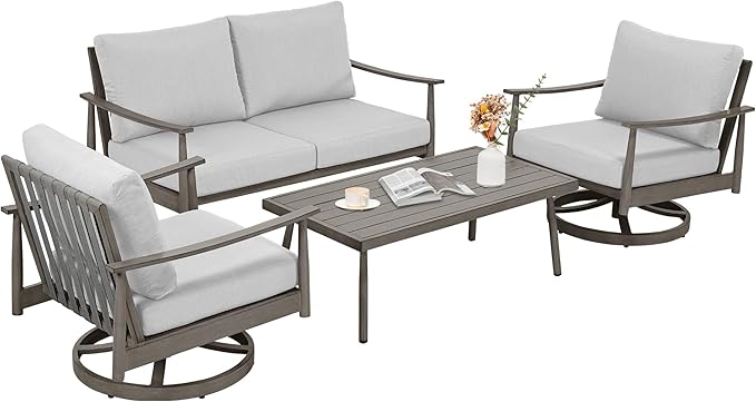 4 Pieces Patio Furniture Set, Aluminum Outdoor Patio Furniture Sets, 2 Swivel Chairs and Loveseat with Thick Cushion, Patio Conversation Set for Backyard Deck Poolside, Greige & Grey