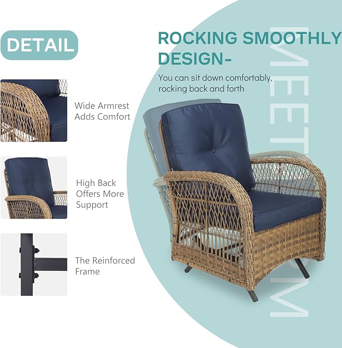 MEETWARM 3 Pieces Outdoor Patio Wicker Rocking Glider Set, Rocking Chairs Rattan Patio Furniture Sets with Glass-Top Coffee Table and Thickened Cushion, Conversation Bistro Set, Navy Blue