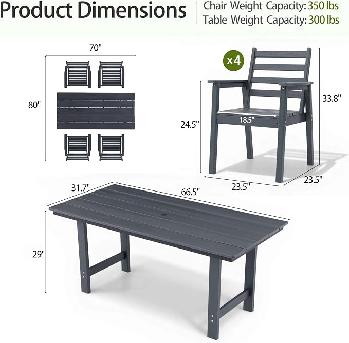 5-Piece Outdoor Dining Set, All-Weather HDPE Patio Furniture, 66.5" Slatted Table with 1.6" Umbrella Hole & 4 Ergonomic Armchairs, Heavy Duty 350lbs Capacity, UV Resistant, Gray