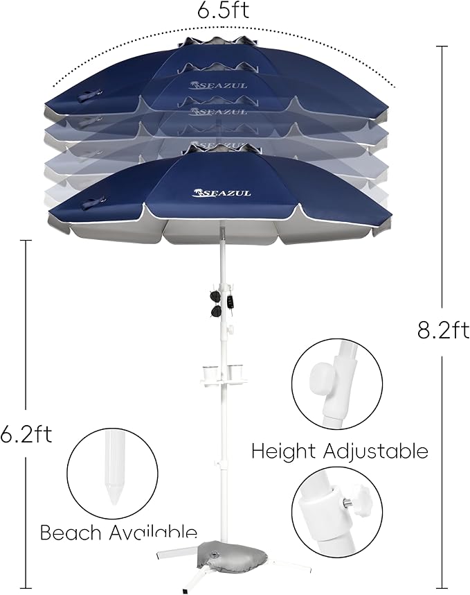 Seazul 6.5ft Sun Shade Umbrella, Portable Umbrella with Stand for Sports, Water Weight Bag, Adjustable and Lightweight, Sun Protection, Navy Blue