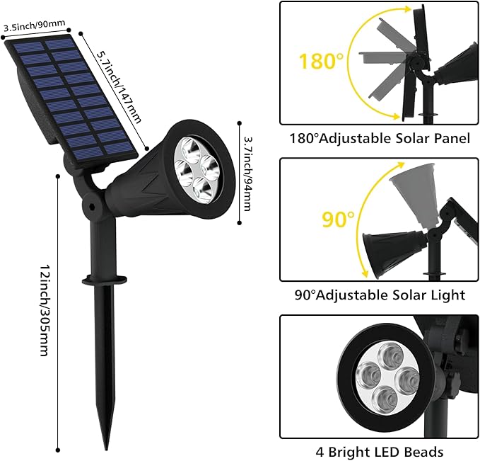 T-SUN Solar Spot Lights Outdoor Waterproof,Solar Landscape Spotlights,4Pack | Cool White, 4 LEDs, 2 Lighting Modes, IP65 Waterproof Dusk to Dawn Solar Lights for Tree, Patio, Yard, Garden, Driveway