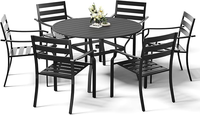 HOMREST 7 Piece Outdoor Patio Dining Set for 6, 48" Round Metal Table with Umbrella Hole and Storage Shelf, Stackable Wrought Iron Chairs, Large Patio Furniture Set for Deck/Backyard/Poolside/Garden