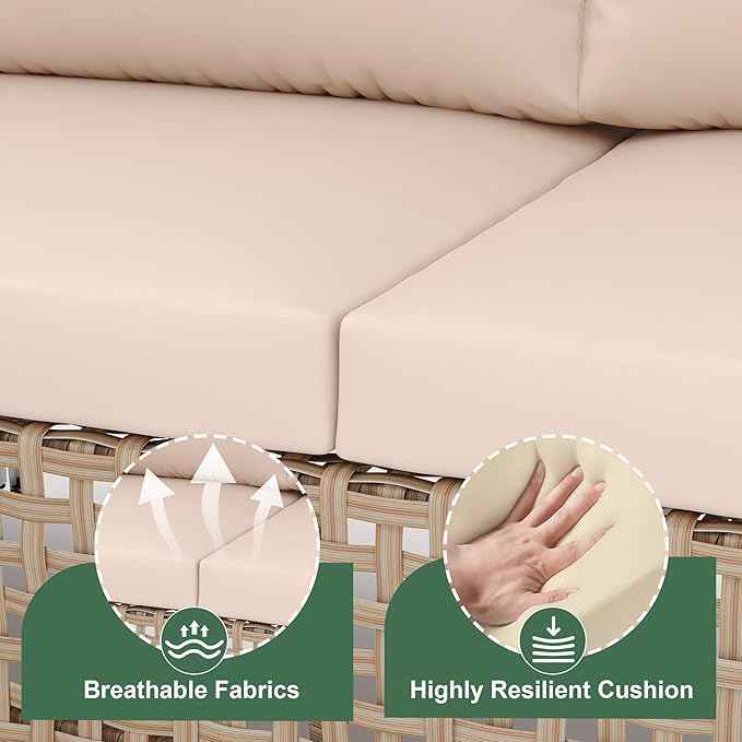 Patio Furniture Set, Small Outdoor Couch with Glass Coffee Table&Thick Cushion, Wicker L-Shaped Patio Couch, All-Weather PE Rattan Conversation Set for Garden, Poolside(3pcs Yellow&Beige)