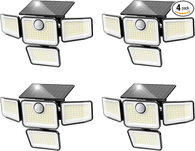 3000LM Solar Lights Outdoor, 4 Adjustable Heads Motion Sensor Security Light, 3 Modes, 6500K, IP65 Waterproof Solar Wall Flood Lights for Garden, Outside, Backyard, 4 Pack