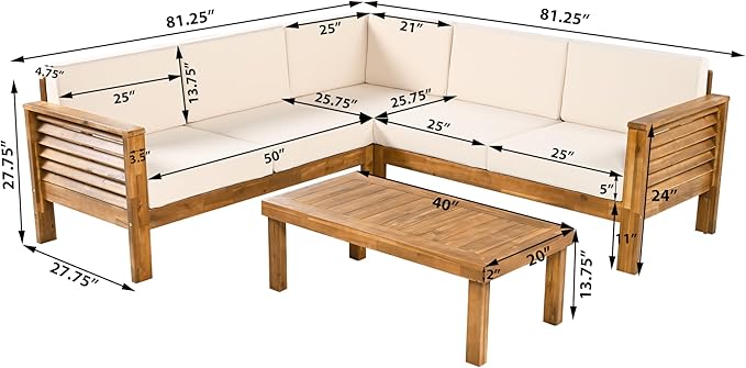 Christopher Knight Home Havets 81.25" Sectional L Shaped Sofa, 4 Pieces Acacia Wood Patio Furniture Set, Slat Coffee Table, Spacious Seat and Table Set for Backyard Garden Balcony, Teak+Beige