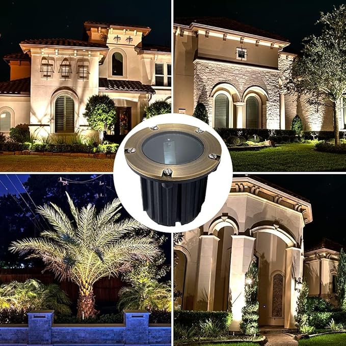LED Low Voltage Landscape Lighting Well Lights 173 - Solid Brass In Ground Lights for Outside, Long Lasting Home and Garden 12 Volt Landscape Lighting with Ground Spake & Connectors (Without Bulb)