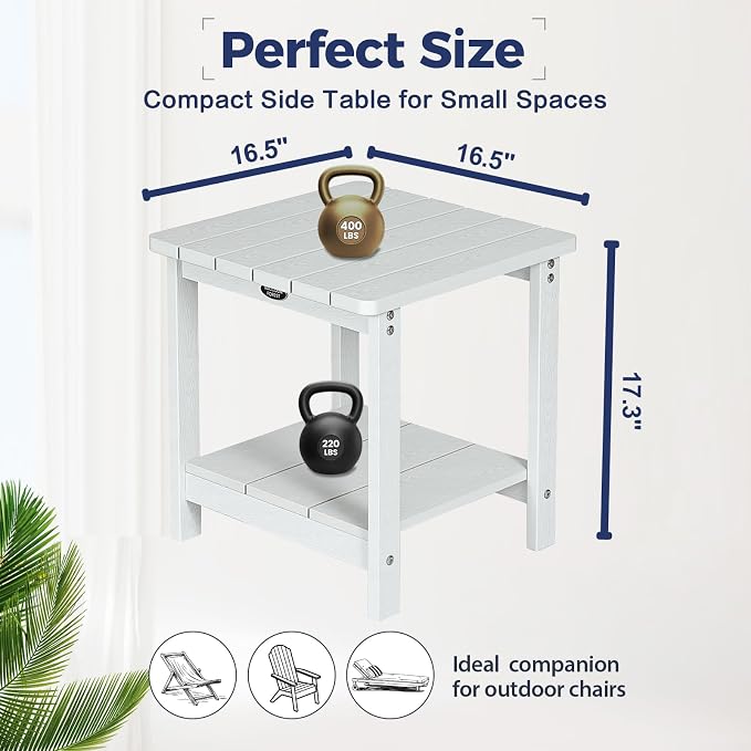 Adirondack Square Outdoor Side Table, 2-Tier Small Patio Side Table, HDPS End Tables for Porch, Deck, Backyard, Garden, Poolside, Beach, Easy Assembly, White