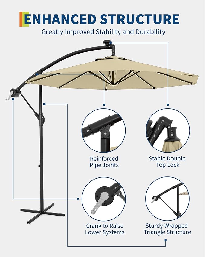 10FT Cantilever Patio Umbrella with Solar LED Lights - Heavy Duty 2-Tier Square Aluminum Offset Outdoor Umbrella, 360° Rotation for Poolside, Backyard, Deck Outdoor Use, Tan