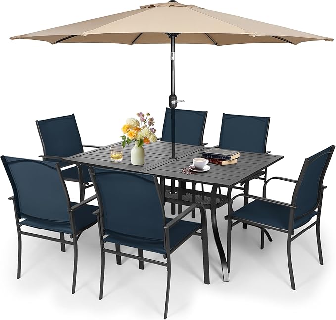 Crownland 7 Piece Patio Dining Set, Outdoor Textilene Dining Sets, 6 Textilene Metal Chairs and Rectangular Outdoor Dining Table with Khaki 9FT Round Outdoor Umbrella (Blue)