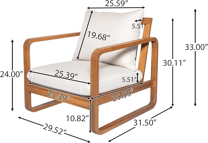 Christopher Knight Home Myra Acacia Wood 4 Piece Outdoor Patio Furniture Set, Wooden Patio Conversation Set with Loveseat Club Chairs & Coffee Table, 4-Seater Patio Sofa Chair and Table Set,Teak+Beige