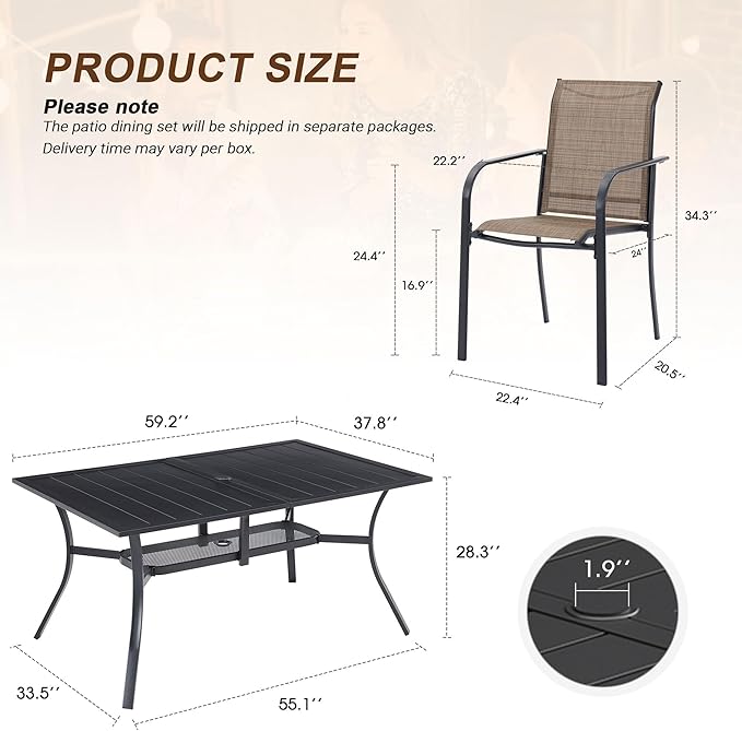 VICLLAX 7 Pieces Patio Outdoor Dining Set, 59" Metal Dining Table with Umbrella Hole and 6 Stackable Textilene Chairs for Patio, Lawn, Garden, Porch, Black Table/Brown Chair